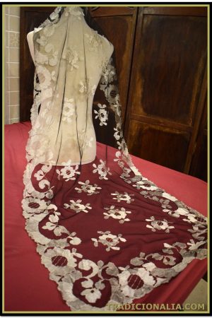 Mantilla española antigua bordada a mano en encaje de granada