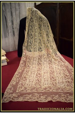 Espectacular mantilla española o chal de encaje antiguo que combina encajes simil alençon Bruselas circa XIX