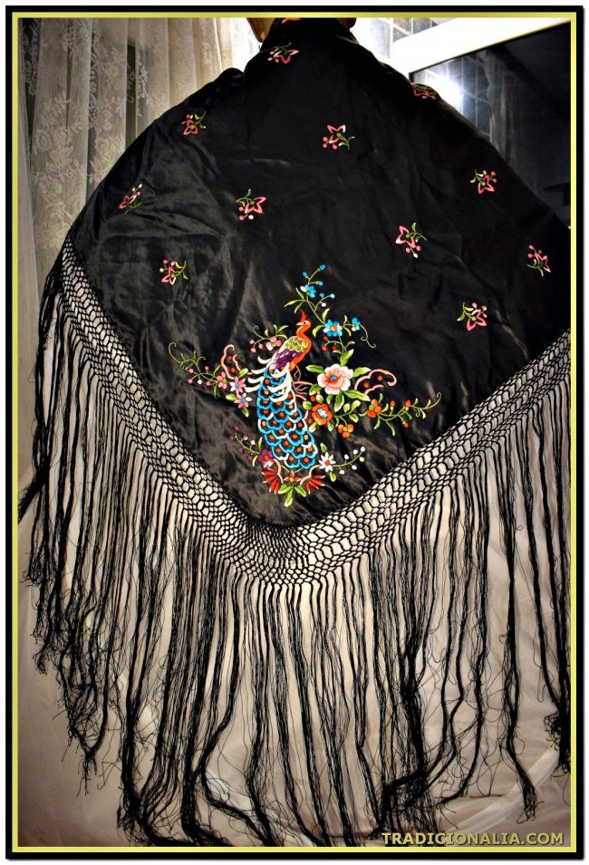Mantón de Manila de raso de seda para niña con flores y pavo real